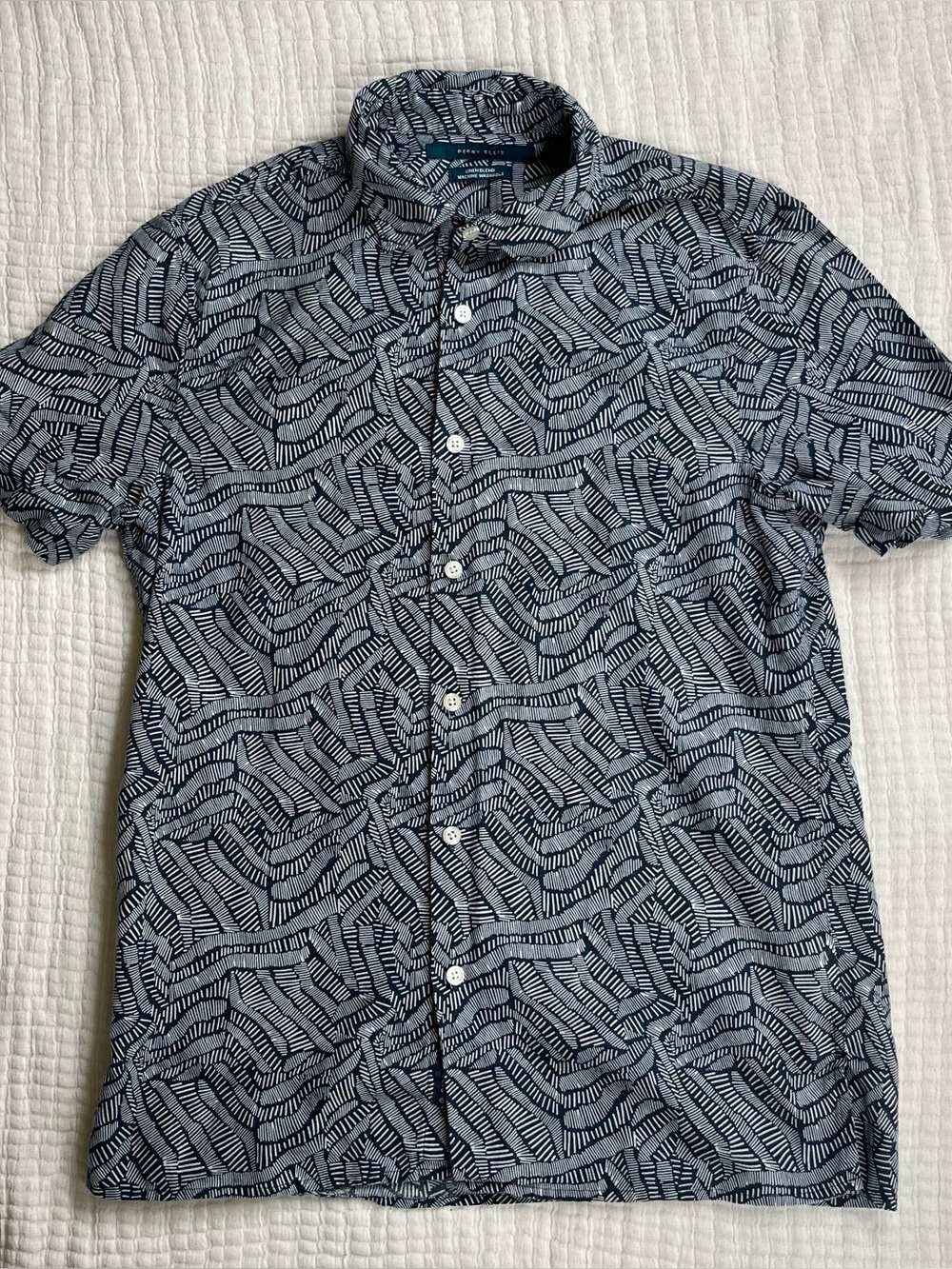 Perry Ellis Navy and White Short-Sleeve Patterned Button-Up